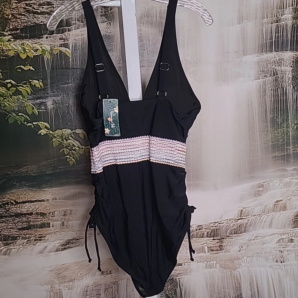 NWT! Blooming Jelly Womens Large black with colorful band one piece bathing suit